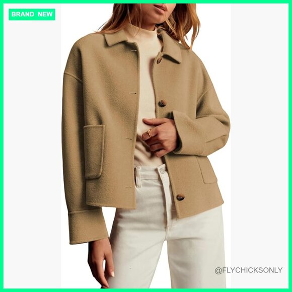 Jackets & Blazers - Cropped Pea Coat with Pockets, Boxy Fit Casual Jacket